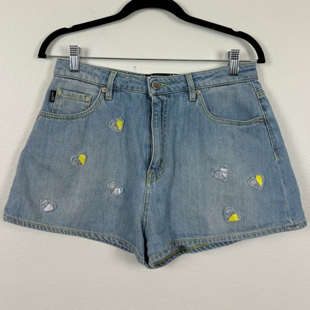 Love Moschino High Rice Heart Detail Y2K Patch Pocket Denim Shorts US 6